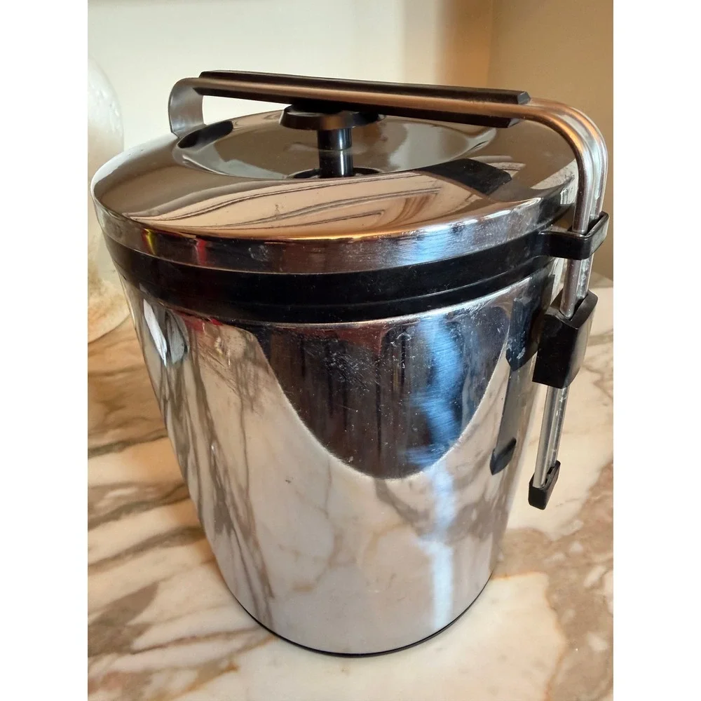 Vintage Stainless Steel Ice Bucket with Black Lid and‎ Handle